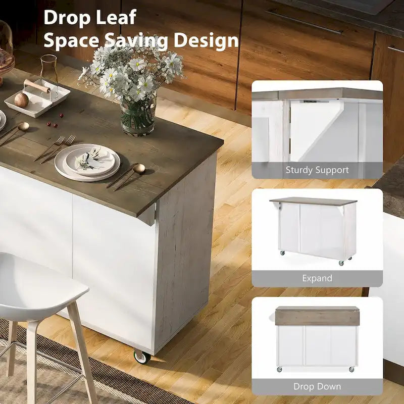 47 Retro Wood Kitchen Island with Drop Leaf, Farmhouse Style on Wheels, Internal Storage