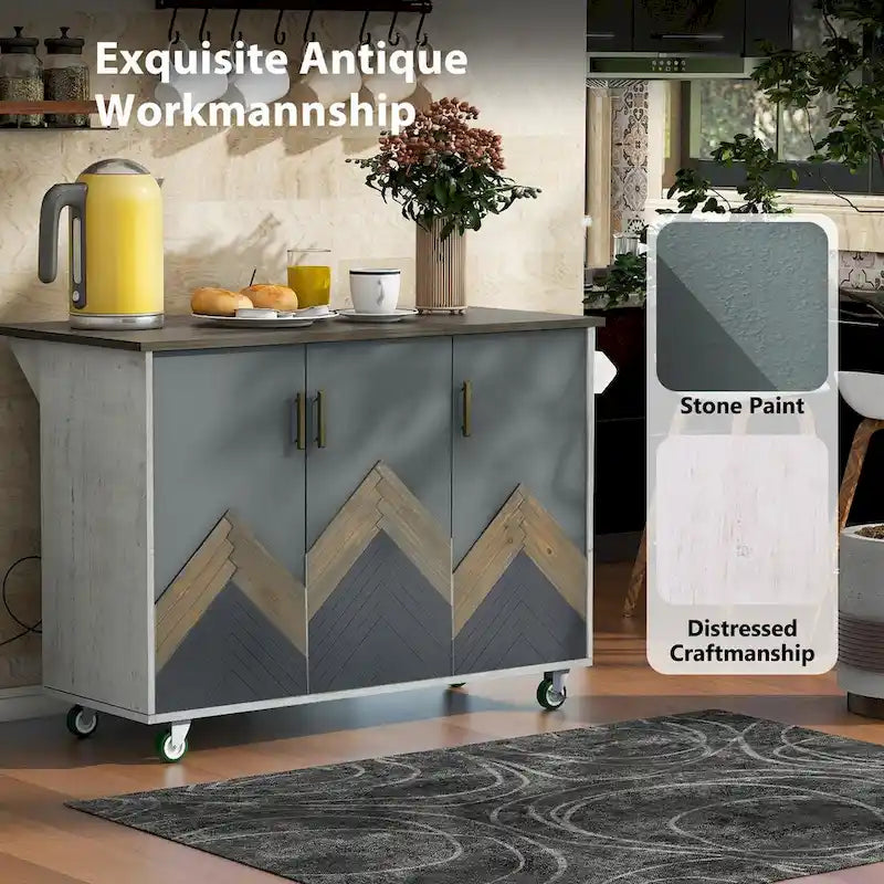 47 Retro Wood Kitchen Island with Drop Leaf, Farmhouse Style on Wheels, Internal Storage