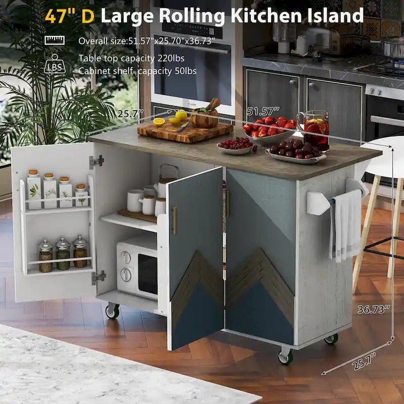 47 Retro Wood Kitchen Island with Drop Leaf, Farmhouse Style on Wheels, Internal Storage