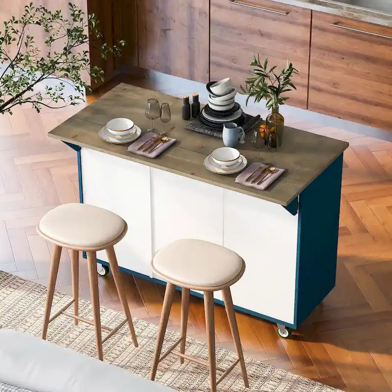 47 Retro Wood Kitchen Island with Drop Leaf, Farmhouse Style on Wheels, Internal Storage
