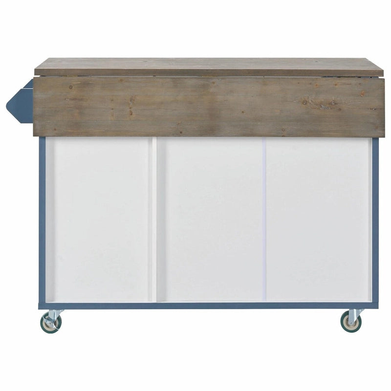 47 Retro Wood Kitchen Island with Drop Leaf, Farmhouse Style on Wheels, Internal Storage