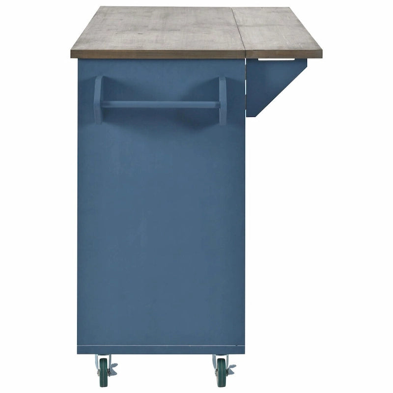 47 Retro Wood Kitchen Island with Drop Leaf, Farmhouse Style on Wheels, Internal Storage