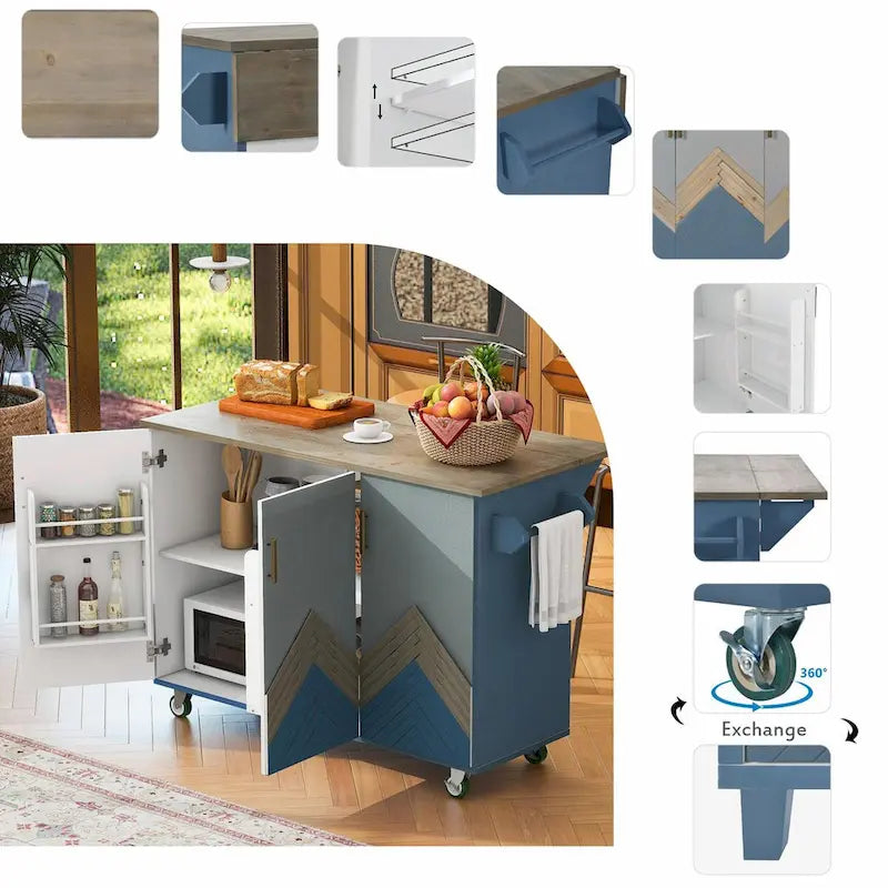 47 Retro Wood Kitchen Island with Drop Leaf, Farmhouse Style on Wheels, Internal Storage