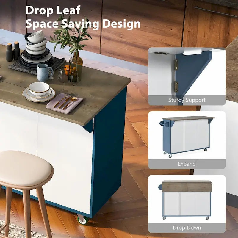 47 Retro Wood Kitchen Island with Drop Leaf, Farmhouse Style on Wheels, Internal Storage