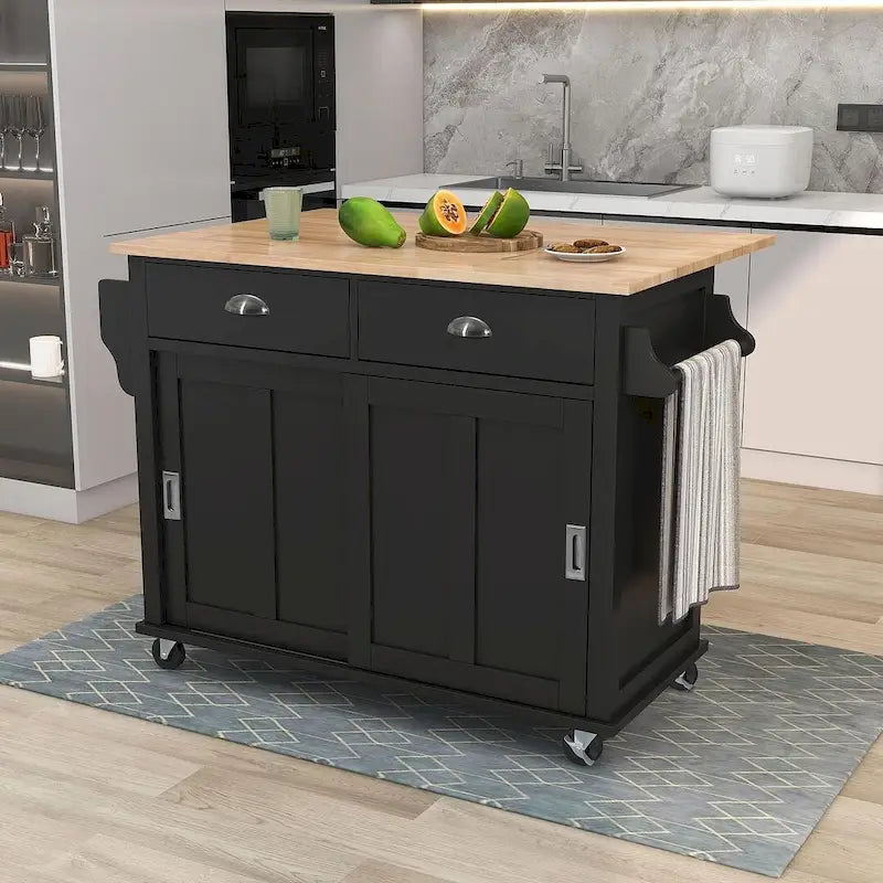 Rubberwood Folding Countertop Kitchen Cart with 2 Drawers and Storage Cabinet