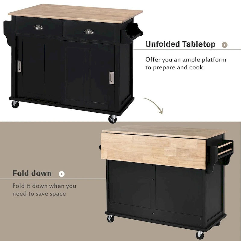Rubberwood Folding Countertop Kitchen Cart with 2 Drawers and Storage Cabinet
