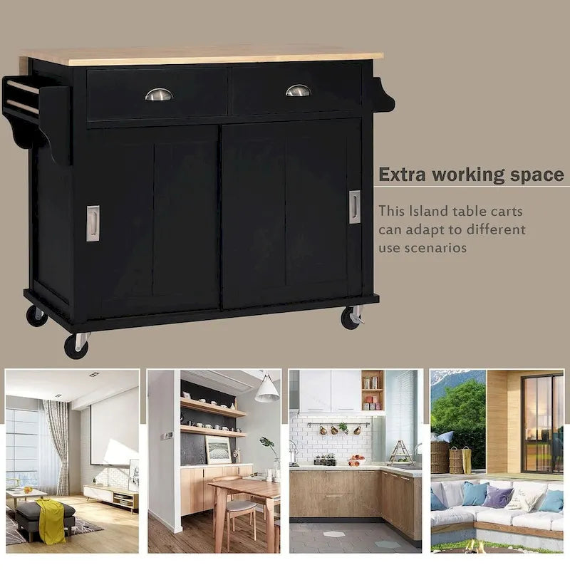 Rubberwood Folding Countertop Kitchen Cart with 2 Drawers and Storage Cabinet