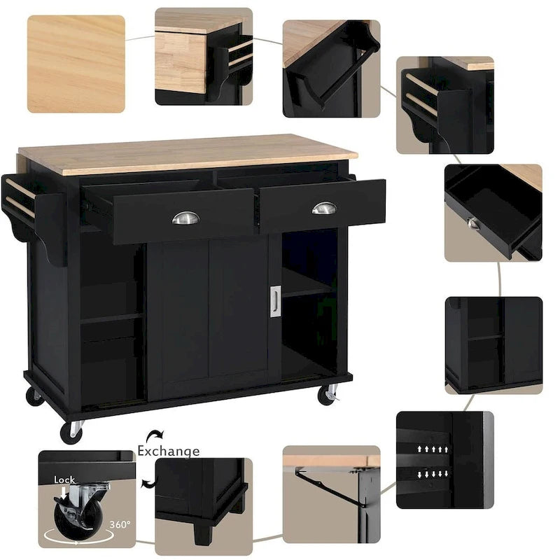 Rubberwood Folding Countertop Kitchen Cart with 2 Drawers and Storage Cabinet