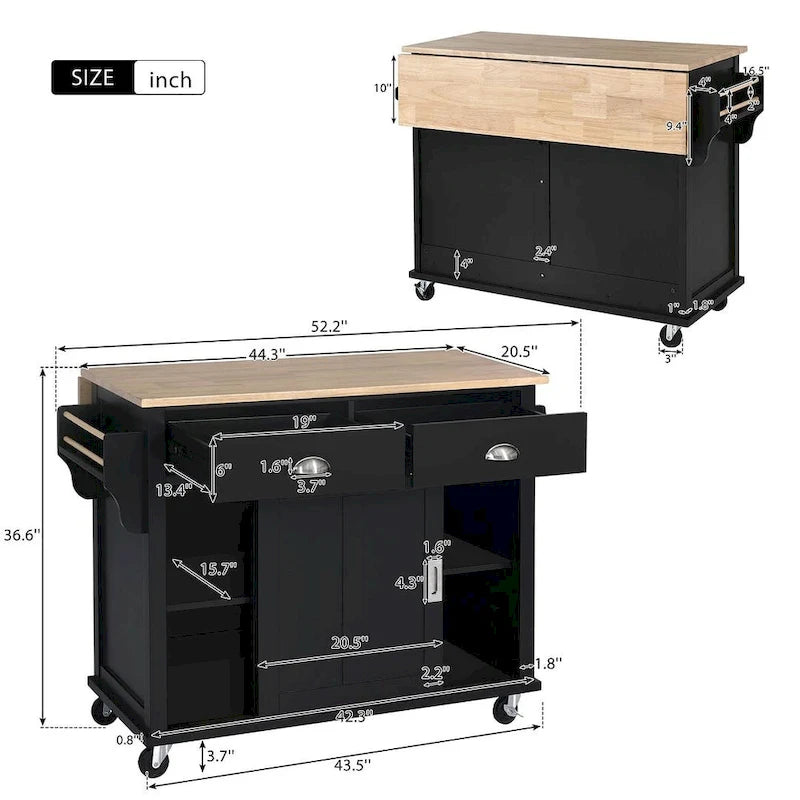 Rubberwood Folding Countertop Kitchen Cart with 2 Drawers and Storage Cabinet