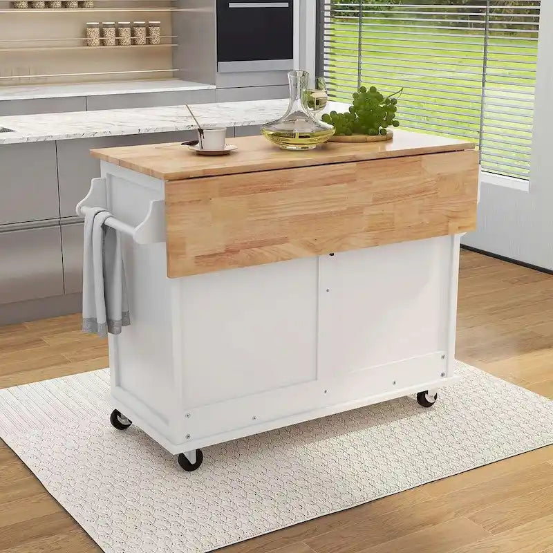 Rubberwood Folding Countertop Kitchen Cart with 2 Drawers and Storage Cabinet