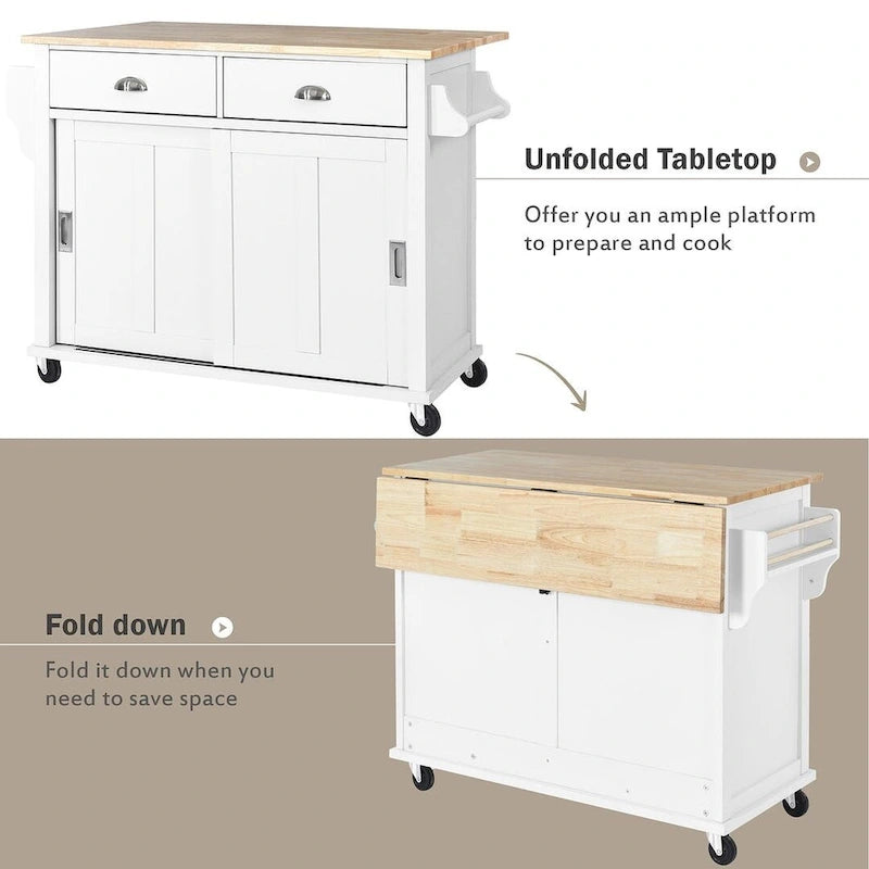 Rubberwood Folding Countertop Kitchen Cart with 2 Drawers and Storage Cabinet