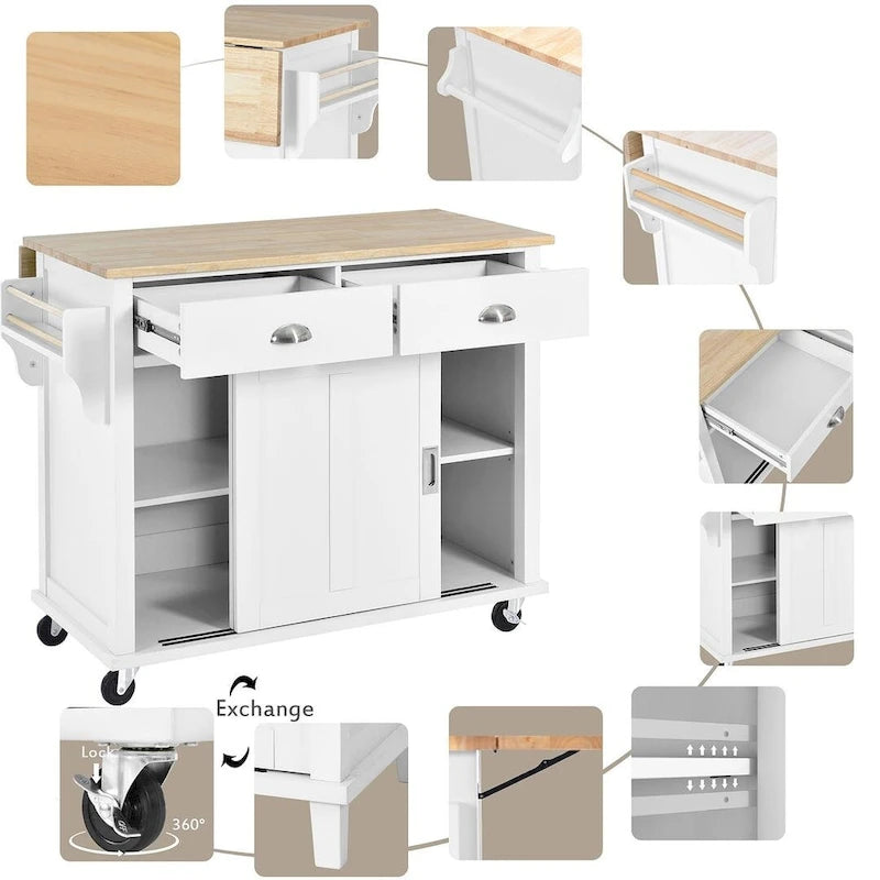 Rubberwood Folding Countertop Kitchen Cart with 2 Drawers and Storage Cabinet