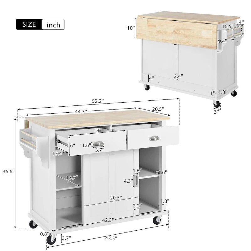 Rubberwood Folding Countertop Kitchen Cart with 2 Drawers and Storage Cabinet