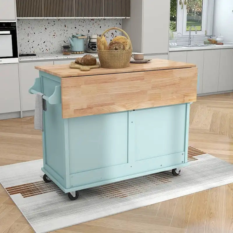 Rubberwood Folding Countertop Kitchen Cart with 2 Drawers and Storage Cabinet