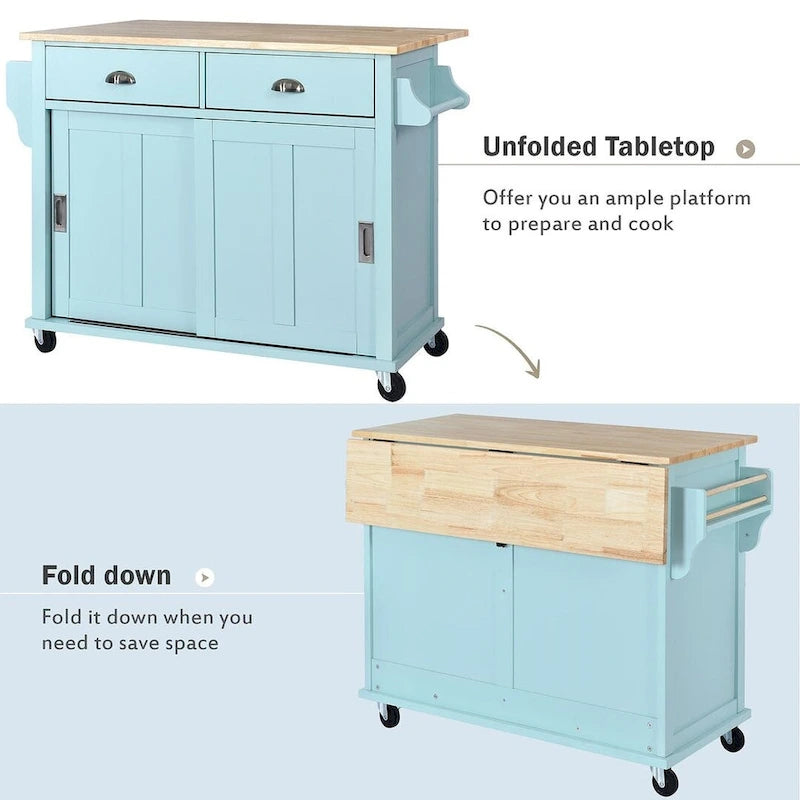 Rubberwood Folding Countertop Kitchen Cart with 2 Drawers and Storage Cabinet