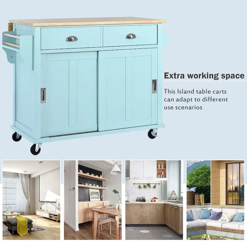 Rubberwood Folding Countertop Kitchen Cart with 2 Drawers and Storage Cabinet