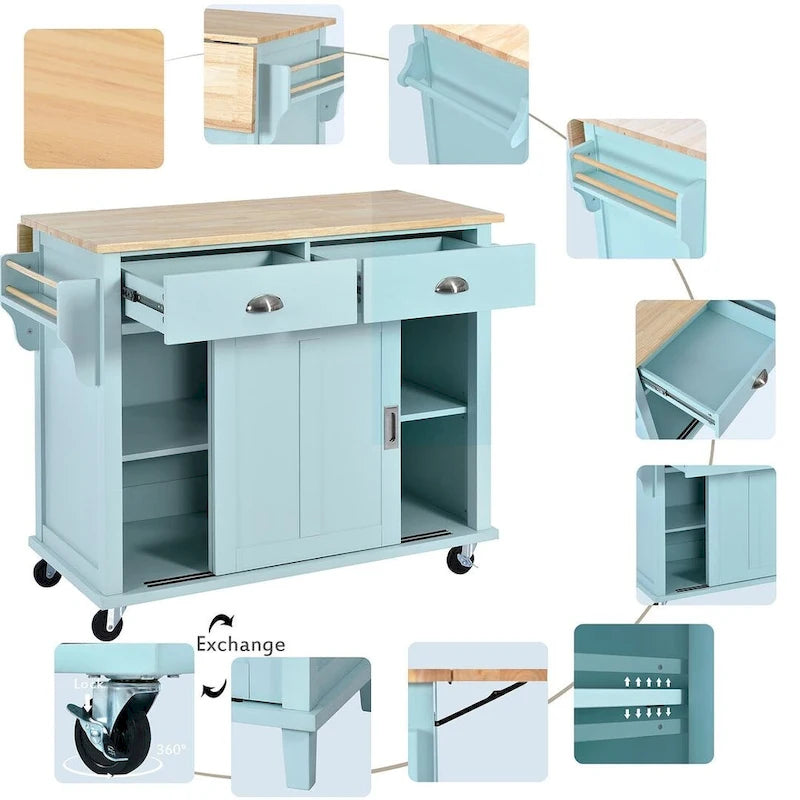 Rubberwood Folding Countertop Kitchen Cart with 2 Drawers and Storage Cabinet