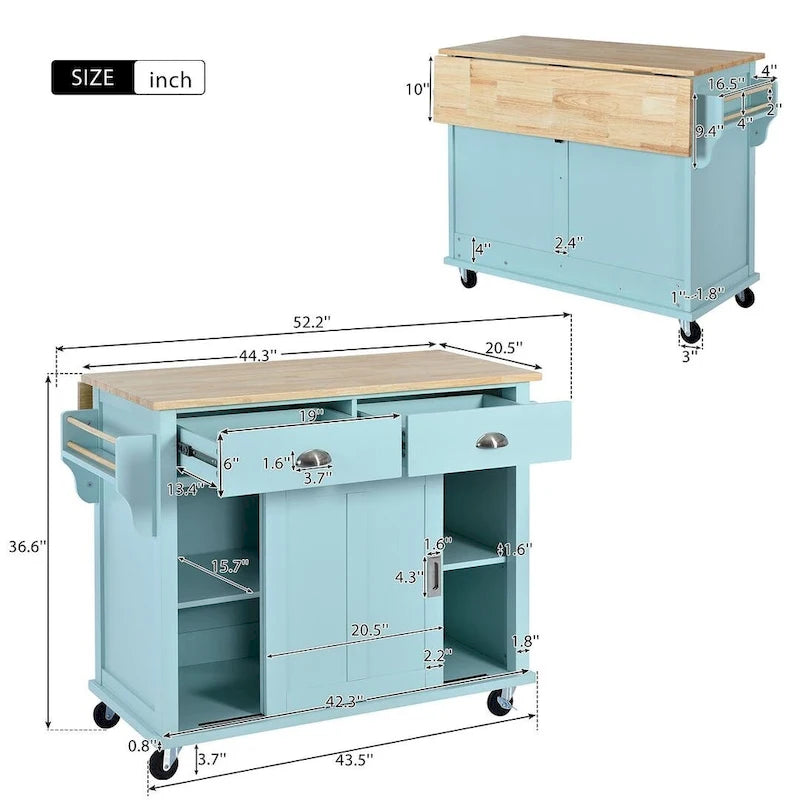 Rubberwood Folding Countertop Kitchen Cart with 2 Drawers and Storage Cabinet