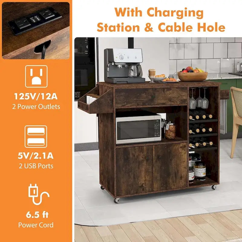 Rolling Kitchen Cart Kitchen Island Cart w/ Drop-Leaf & Power Outlet