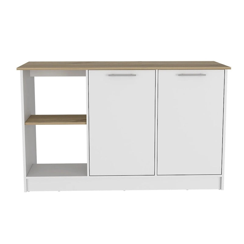Kitchen Island, Four Open Shelves, Two Cabinets -Light Oak / White