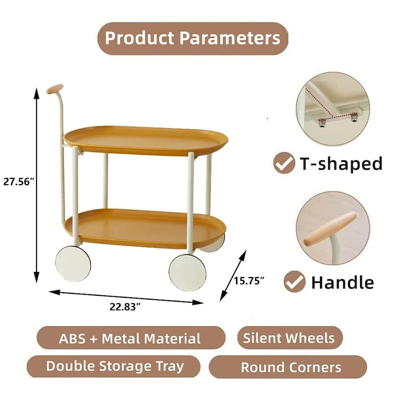 Modern 2-Tier Rolling Serving, Metal Bar Cart with Wheels, Storage - 27.56H