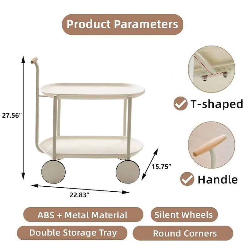 Modern 2-Tier Rolling Serving, Metal Bar Cart with Wheels, Storage - 27.56H