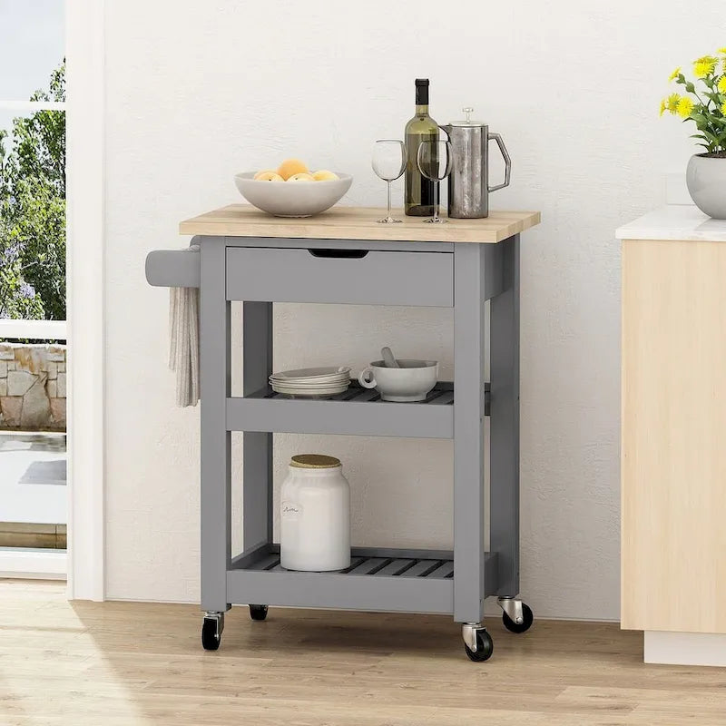Compact Wooden Kitchen Cart with Wheels Shelves and Drawer by Christopher Knight Home