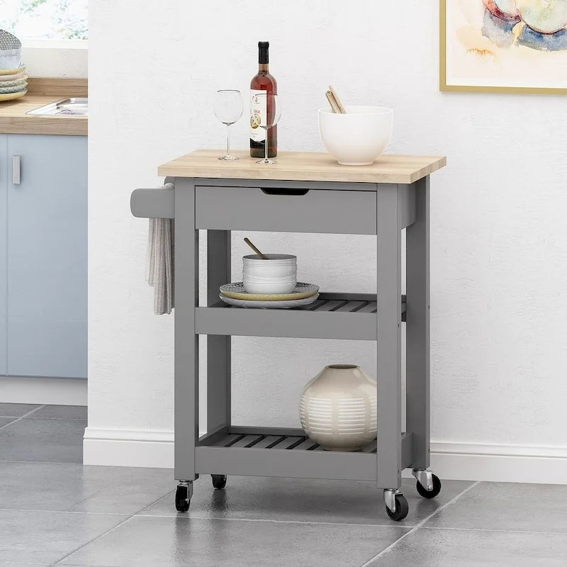 Compact Wooden Kitchen Cart with Wheels, Shelves and Drawer
