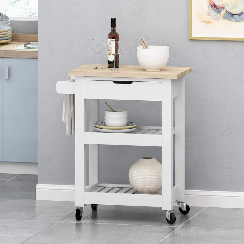 Compact Wooden Kitchen Cart with Wheels, Shelves and Drawer