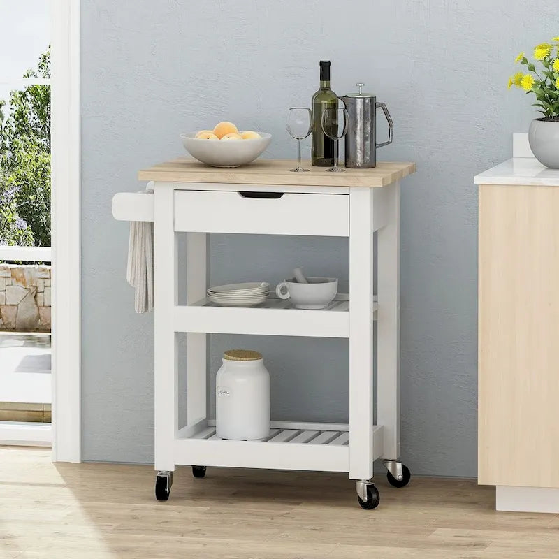 Compact Wooden Kitchen Cart with Wheels, Shelves and Drawer