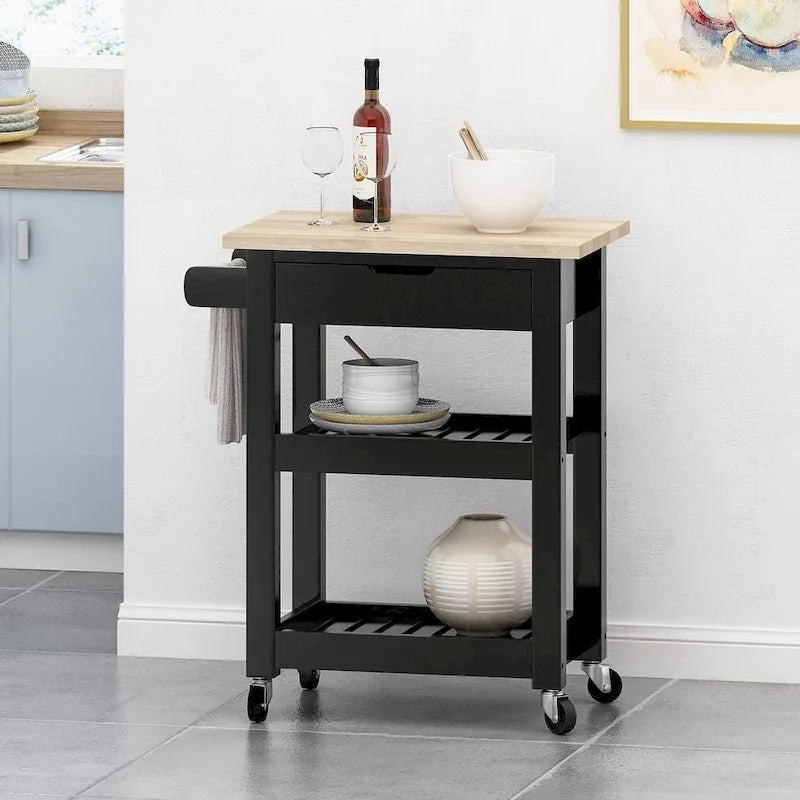 Compact Wooden Kitchen Cart with Wheels, Shelves and Drawer