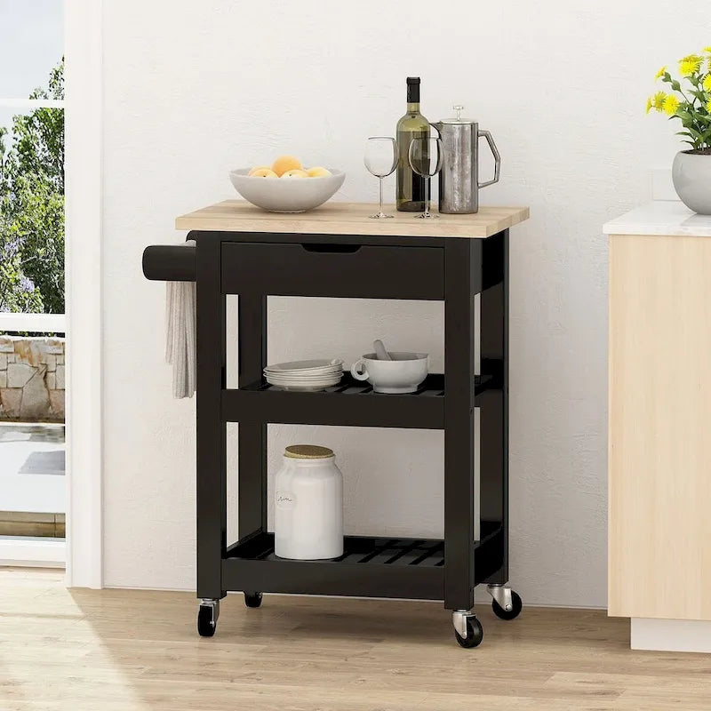 Compact Wooden Kitchen Cart with Wheels, Shelves and Drawer