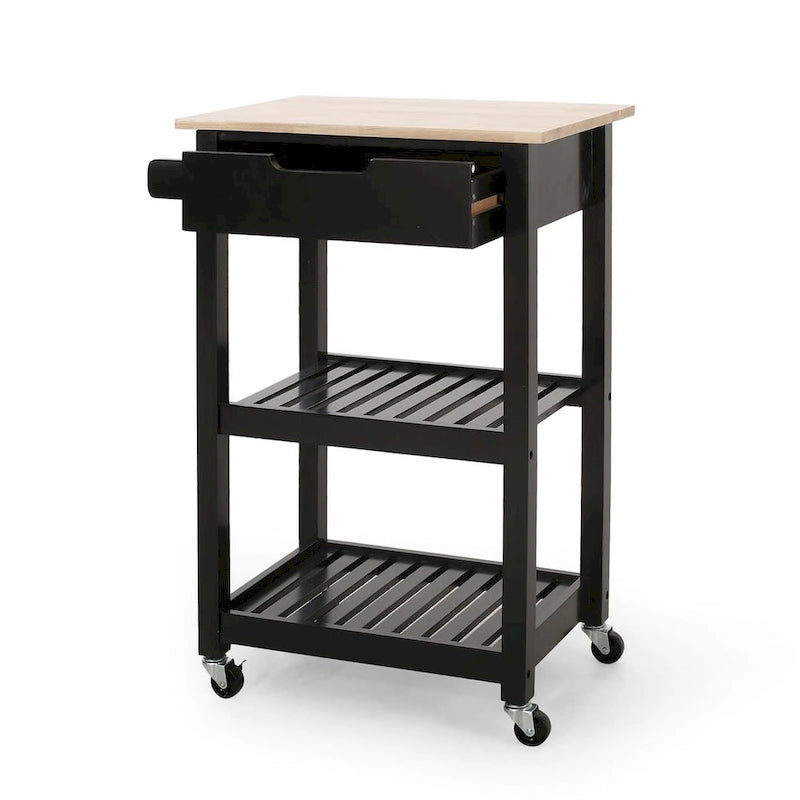 Compact Wooden Kitchen Cart with Wheels, Shelves and Drawer