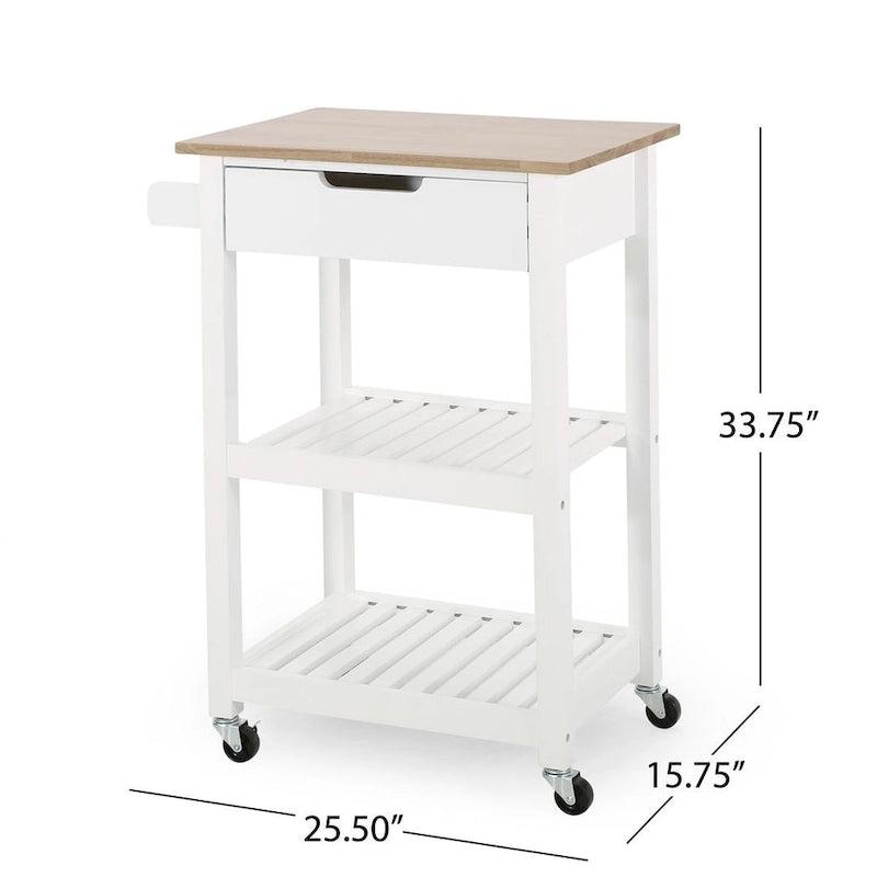 Compact Wooden Kitchen Cart with Wheels, Shelves and Drawer