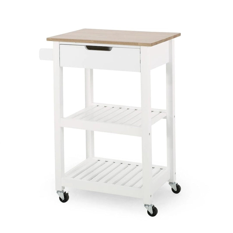 Compact Wooden Kitchen Cart with Wheels, Shelves and Drawer