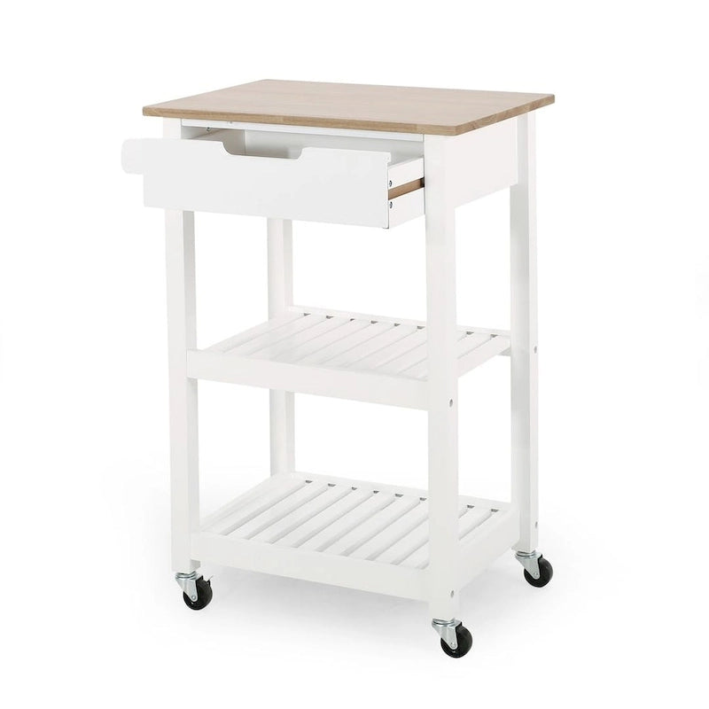 Compact Wooden Kitchen Cart with Wheels, Shelves and Drawer