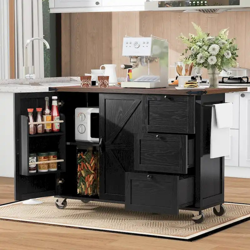 54.5 Farmhouse Kitchen Island with Power Outlet, Kitchen Storage Island with Internal Storage Rack, Drop Leaf, Spice Rack