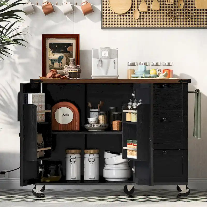 54.5 Farmhouse Kitchen Island with Power Outlet, Kitchen Storage Island with Internal Storage Rack, Drop Leaf, Spice Rack