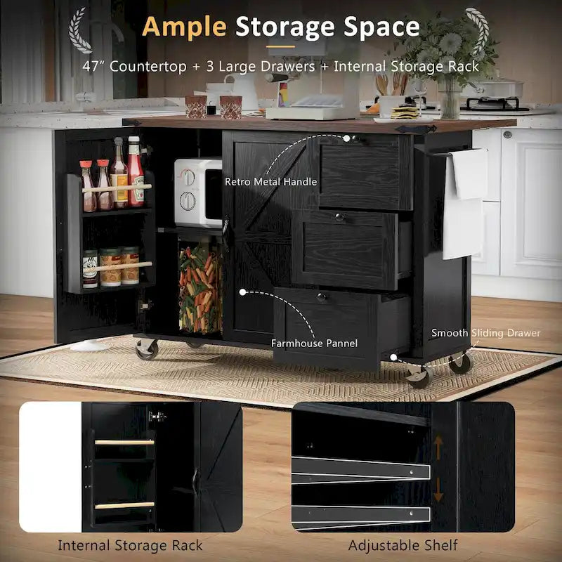 54.5 Farmhouse Kitchen Island with Power Outlet, Kitchen Storage Island with Internal Storage Rack, Drop Leaf, Spice Rack