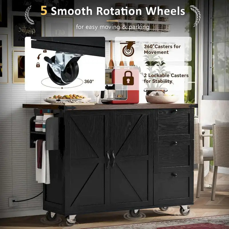 54.5 Farmhouse Kitchen Island with Power Outlet, Kitchen Storage Island with Internal Storage Rack, Drop Leaf, Spice Rack