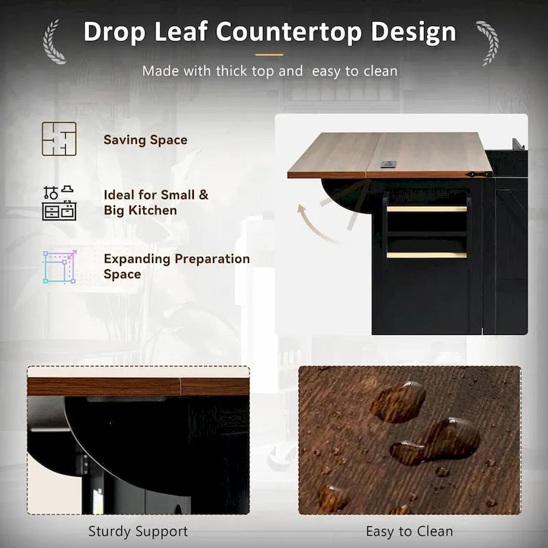 54.5 Farmhouse Kitchen Island with Power Outlet, Kitchen Storage Island with Internal Storage Rack, Drop Leaf, Spice Rack