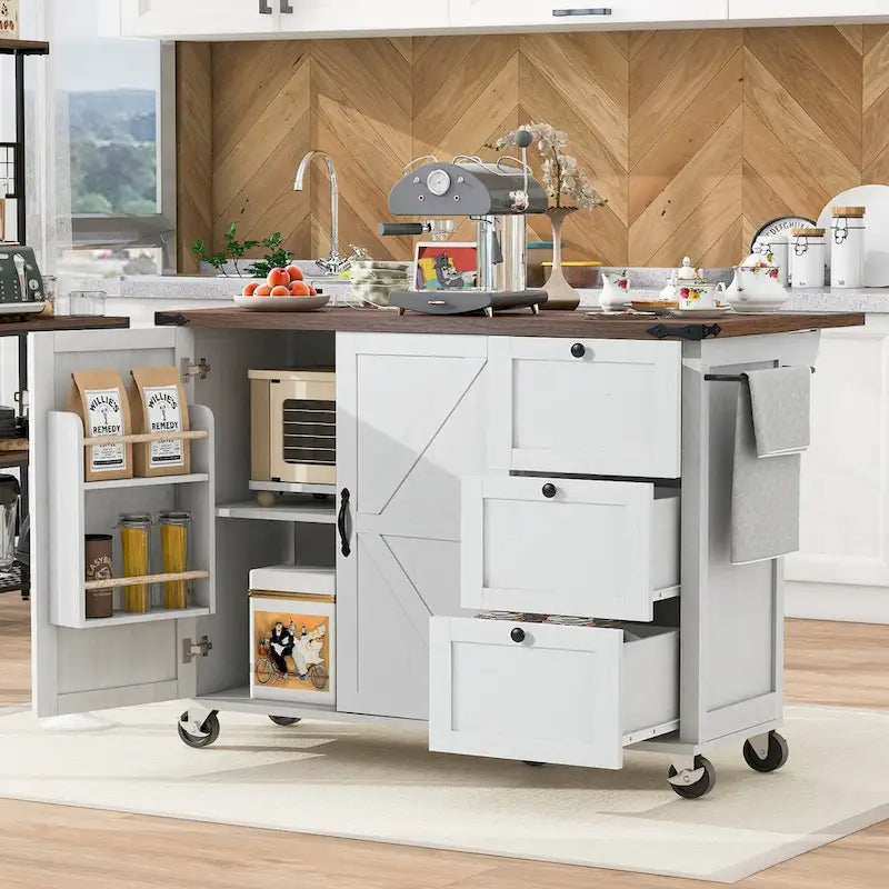 54.5 Farmhouse Kitchen Island with Power Outlet, Kitchen Storage Island with Internal Storage Rack, Drop Leaf, Spice Rack
