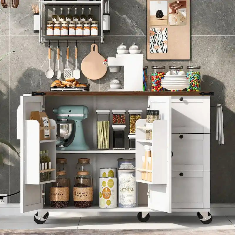 54.5 Farmhouse Kitchen Island with Power Outlet, Kitchen Storage Island with Internal Storage Rack, Drop Leaf, Spice Rack