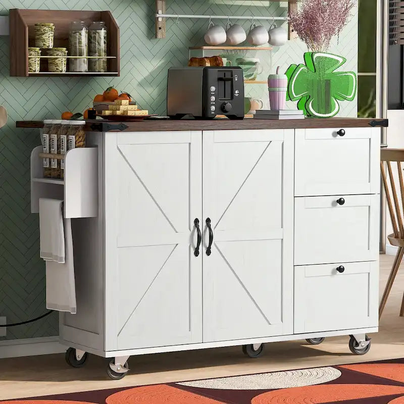 54.5 Farmhouse Kitchen Island with Power Outlet, Kitchen Storage Island with Internal Storage Rack, Drop Leaf, Spice Rack
