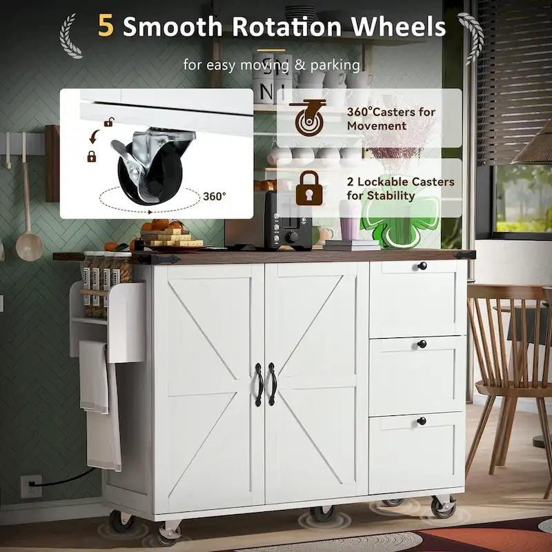 54.5 Farmhouse Kitchen Island with Power Outlet, Kitchen Storage Island with Internal Storage Rack, Drop Leaf, Spice Rack