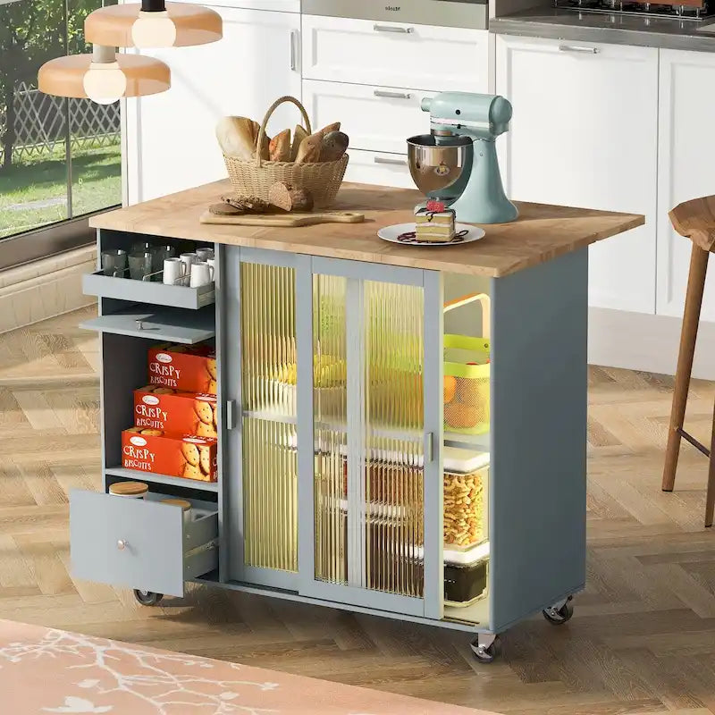 LED Light Kitchen Cart on Wheels with 2 Fluted Glass Doors