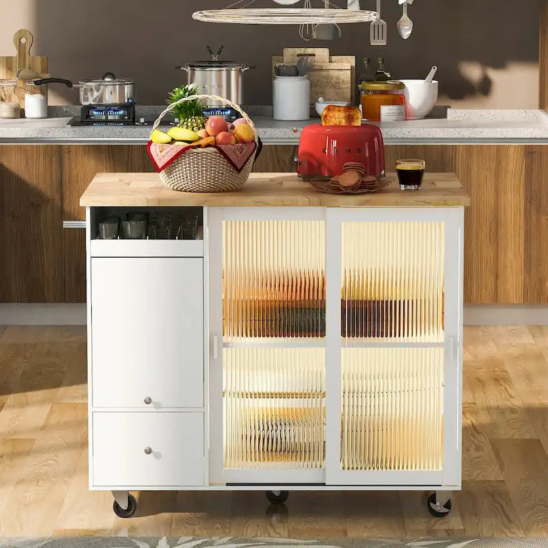 LED Light Kitchen Cart on Wheels with 2 Fluted Glass Doors