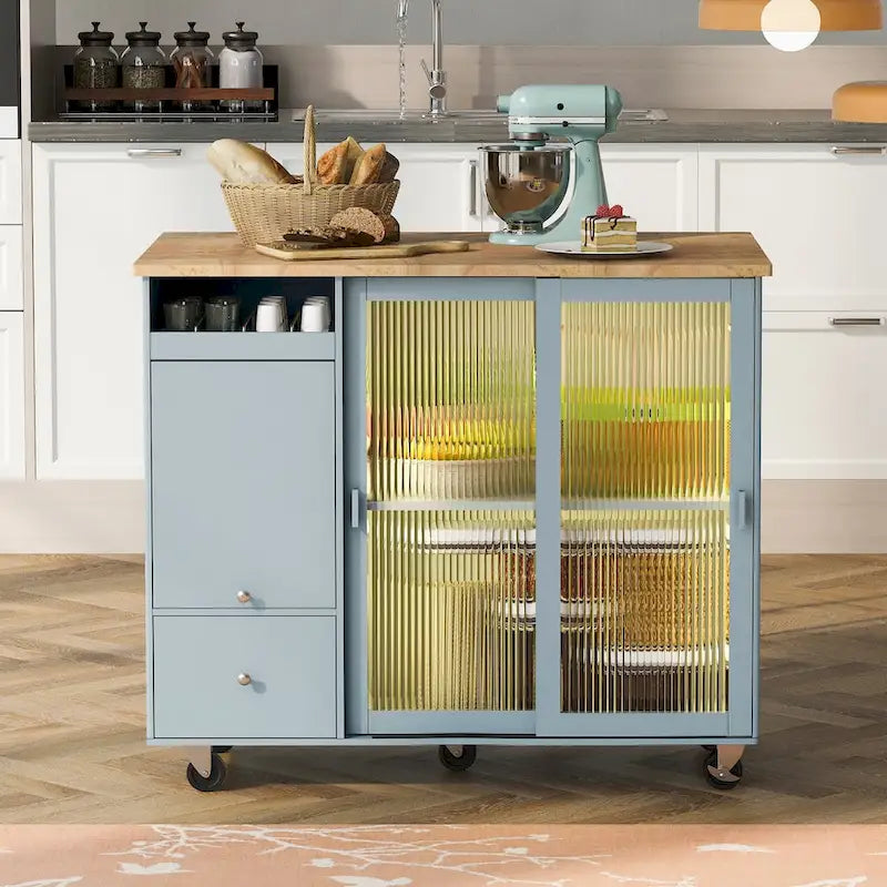 LED Light Kitchen Cart on Wheels with 2 Fluted Glass Doors