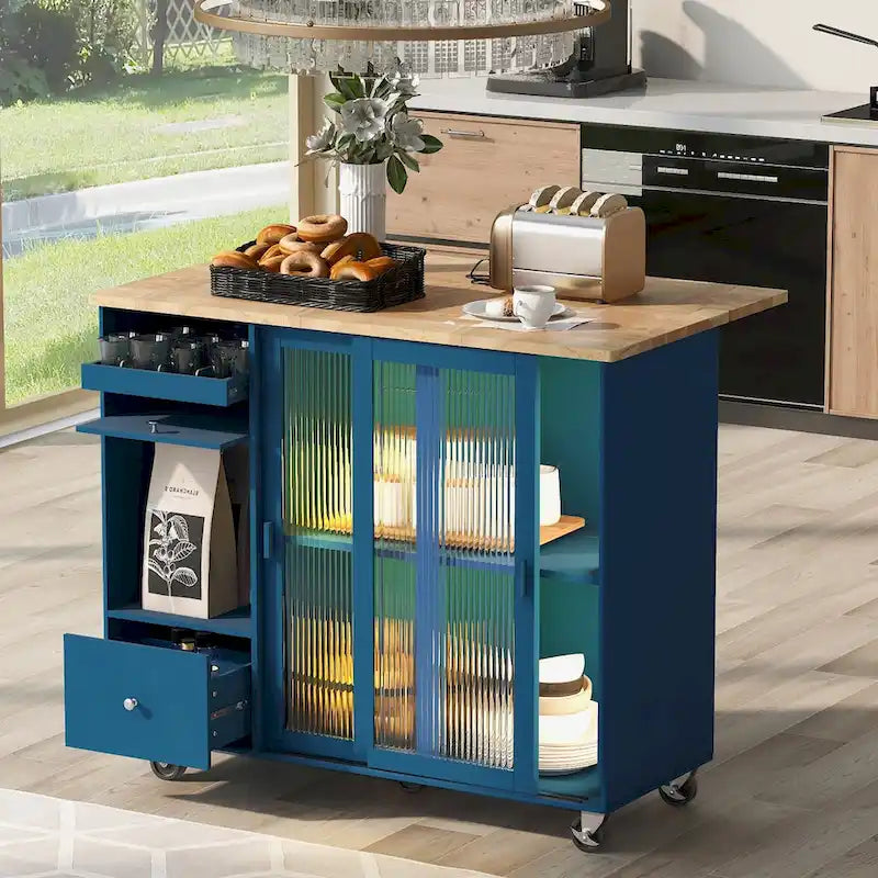 LED Light Kitchen Cart on Wheels with 2 Fluted Glass Doors
