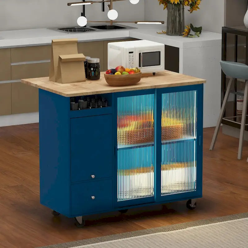 LED Light Kitchen Cart on Wheels with 2 Fluted Glass Doors